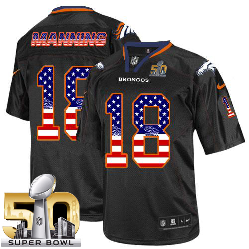 Nike Broncos #18 Peyton Manning Black Super Bowl 50 Men's Stitched NFL Elite USA Flag Fashion Jersey